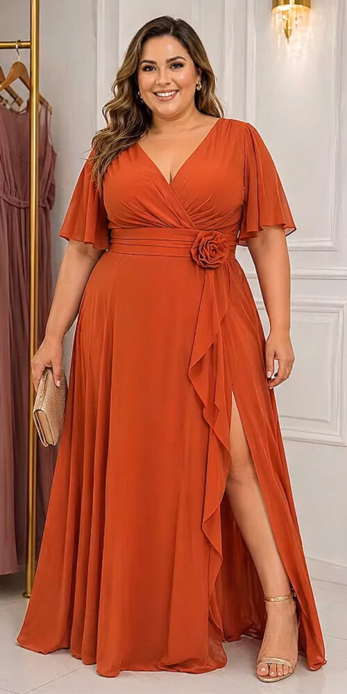 Vestido de Festa Mangas Flair com Flor Plus Size