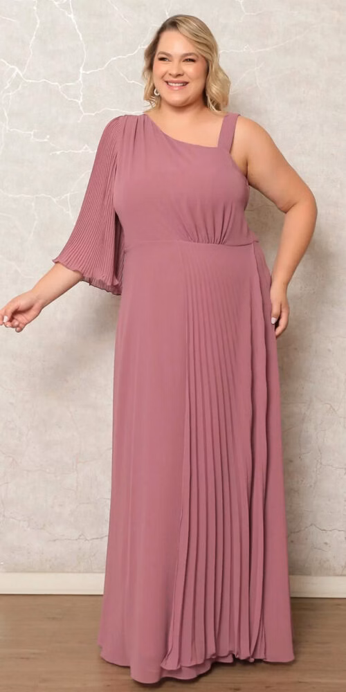 Vestido de Festa Ombro Só Detalhe Plissado Plus Size
