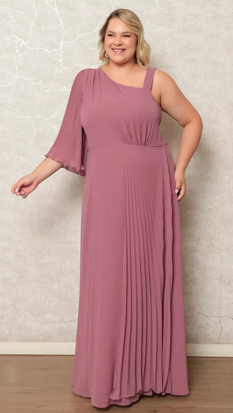 Vestido de Festa Ombro Só Detalhe Plissado Plus Size