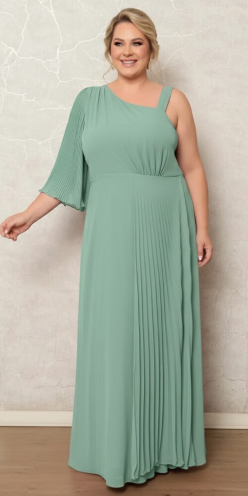 Vestido de Festa Ombro Só Detalhe Plissado Plus Size