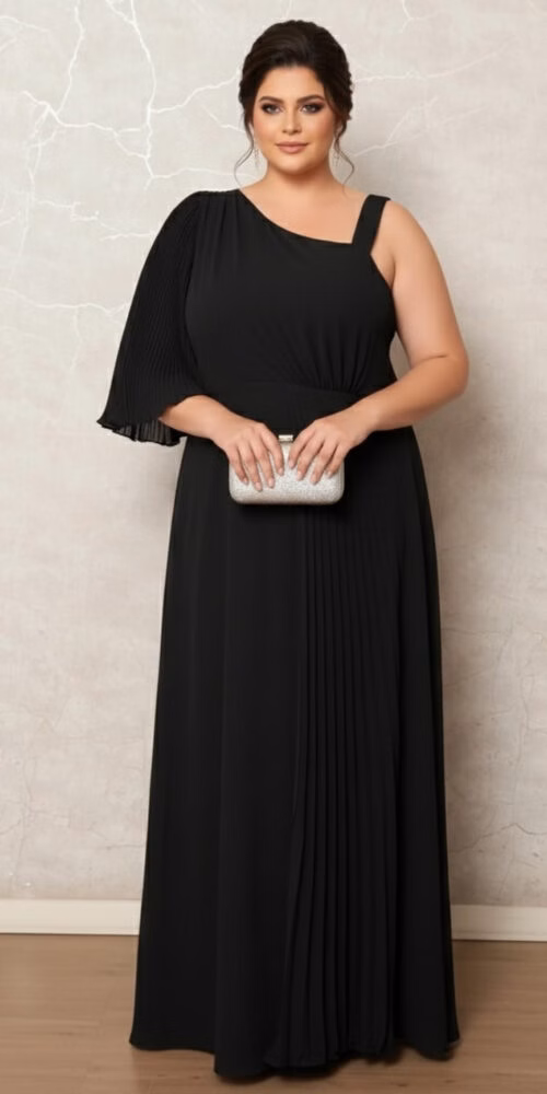 Vestido de Festa Ombro Só Detalhe Plissado Plus Size