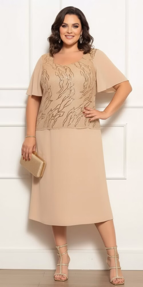 Vestido Midi Festa Renda Bordada Plus SIze