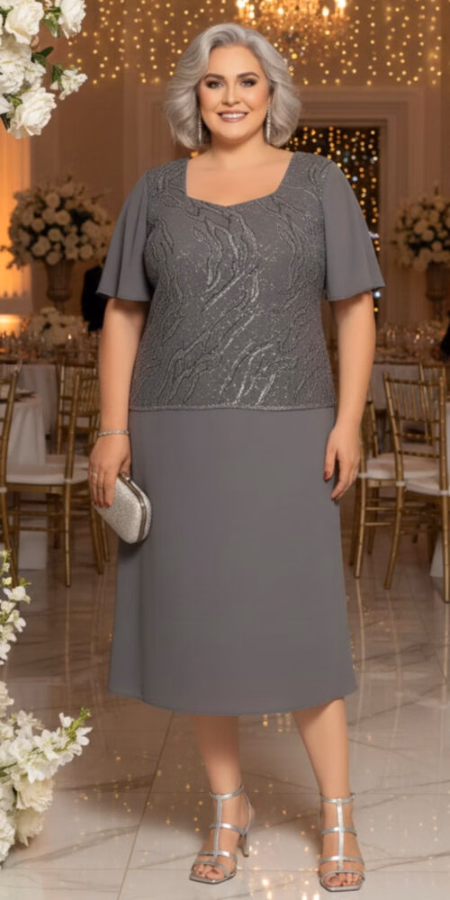Vestido Midi Festa Renda Bordada Plus SIze