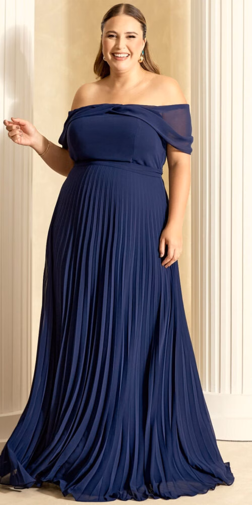 Vestido Festa Ombro a Ombro Plissado Plus Size
