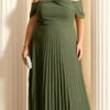 Vestido Festa Ombro a Ombro Plissado Plus Size