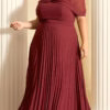 Vestido Festa Ombro a Ombro Plissado Plus Size