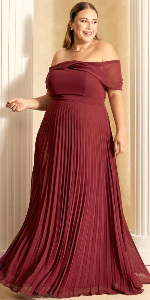 Vestido Festa Ombro a Ombro Plissado Plus Size