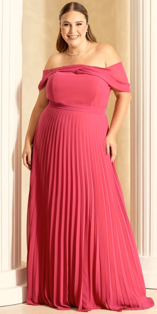 Vestido Festa Ombro a Ombro Plissado Plus Size