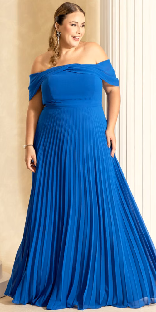 Vestido Festa Ombro a Ombro Plissado Plus Size