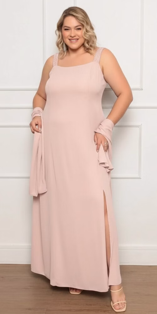 Vestido Festa Regata Bordada e Echarpe Plus Size