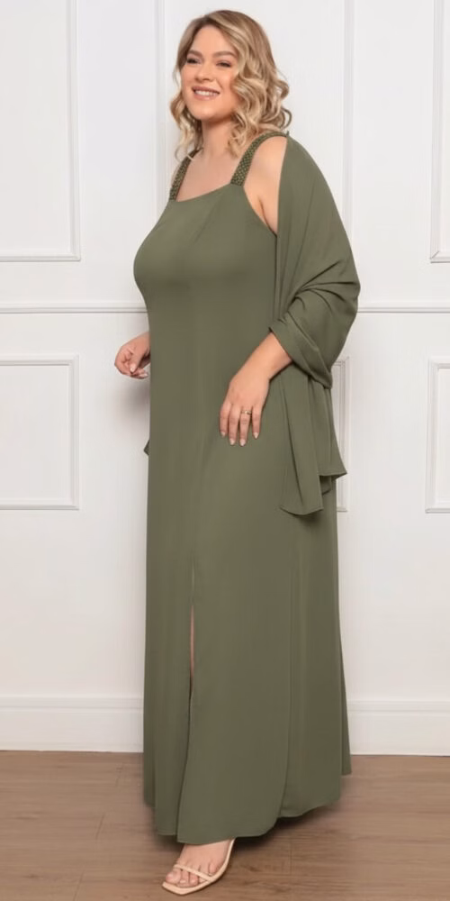 Vestido Festa Regata Bordada e Echarpe Plus Size