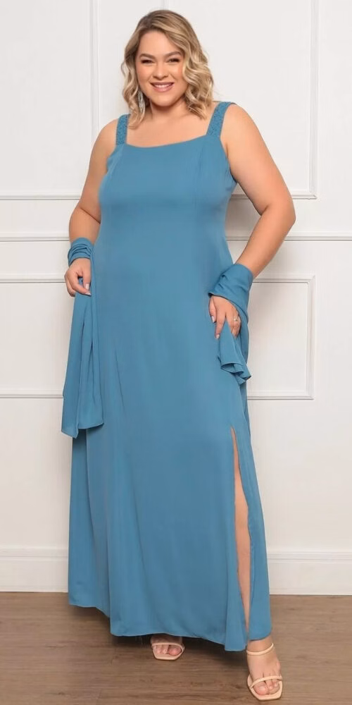 Vestido Festa Regata Bordada e Echarpe Plus Size