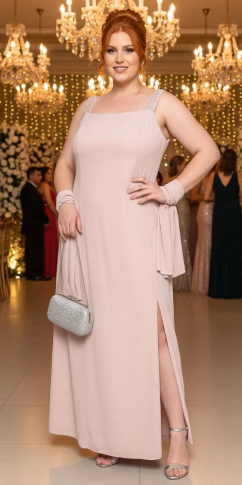 Vestido Festa Regata Bordada e Echarpe Plus Size