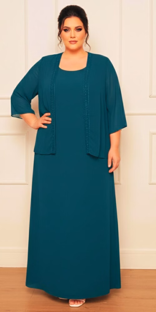 Vestido Festa Regata com Cardigã Bordado Plus Size