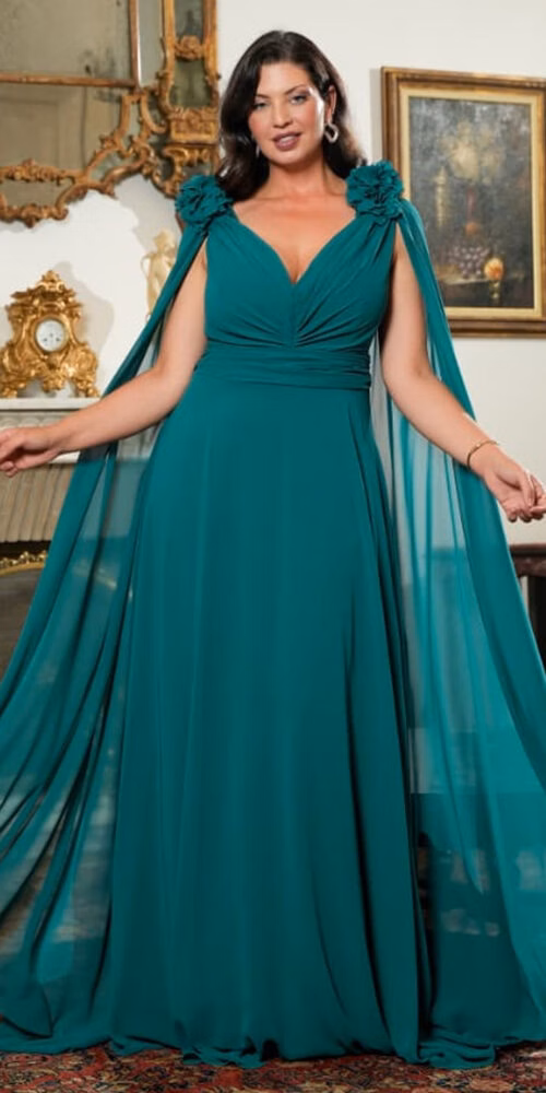 Vestido Festa Capa e Flores Removíveis Plus Size
