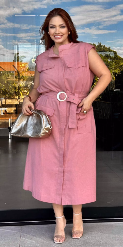 Chemise em Linho com Cinto Plus Size