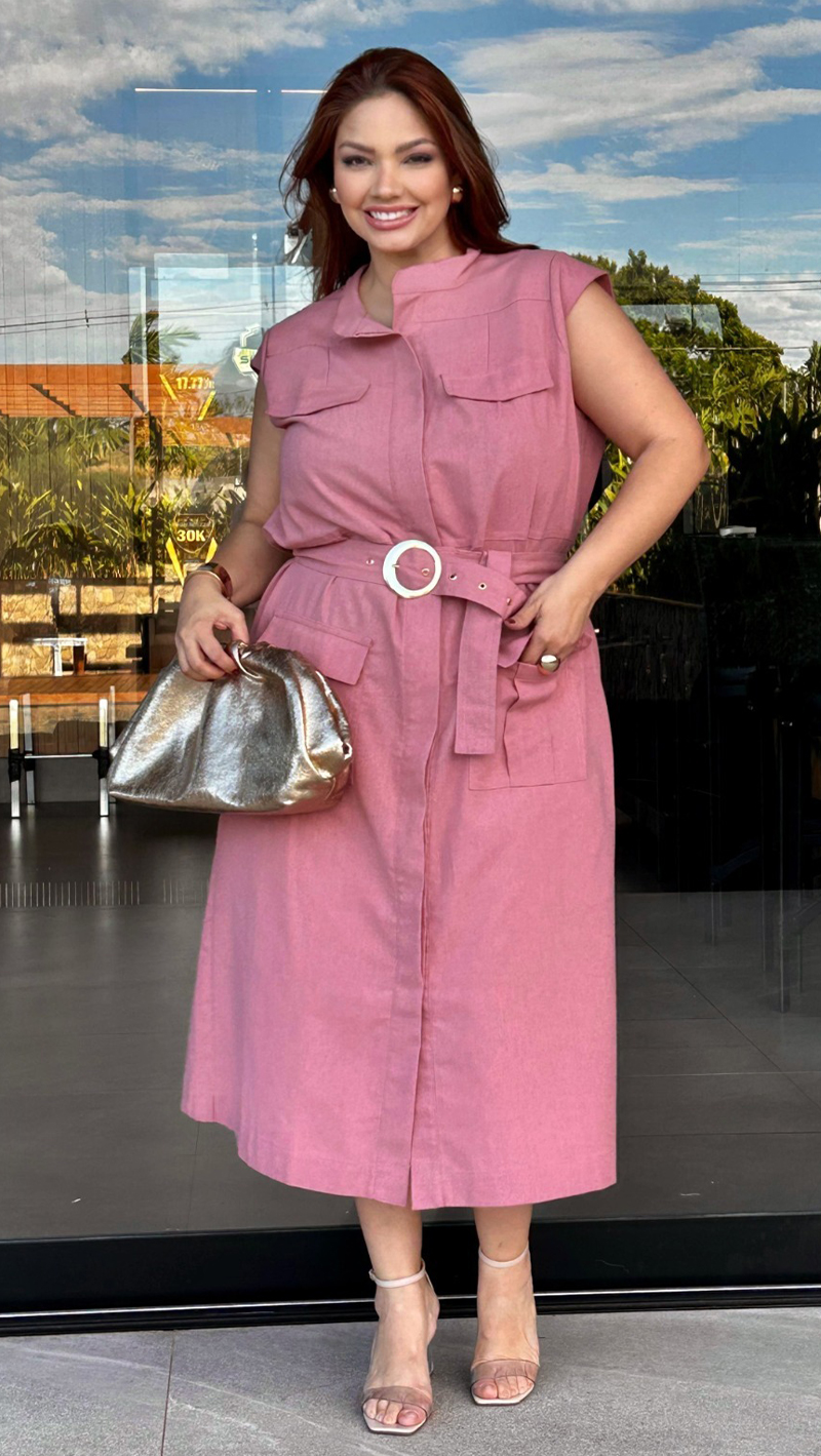 Chemise em Linho com Cinto Plus Size