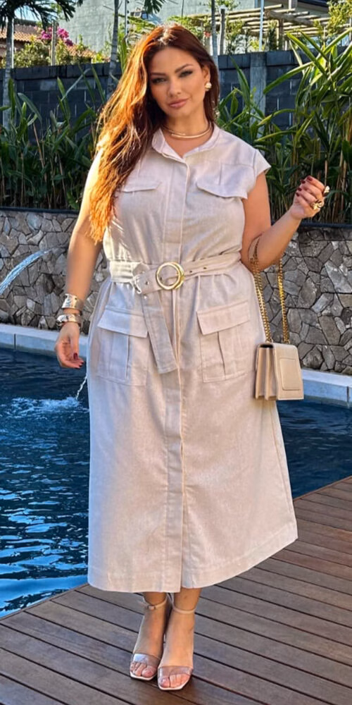 Chemise em Linho com Cinto Plus Size