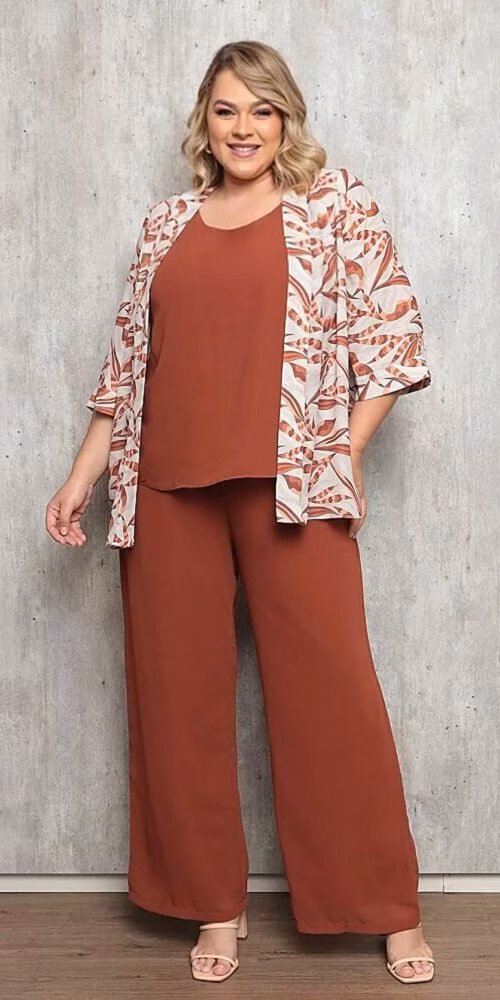 Trijunto com Cardigã Estampado Plus Size