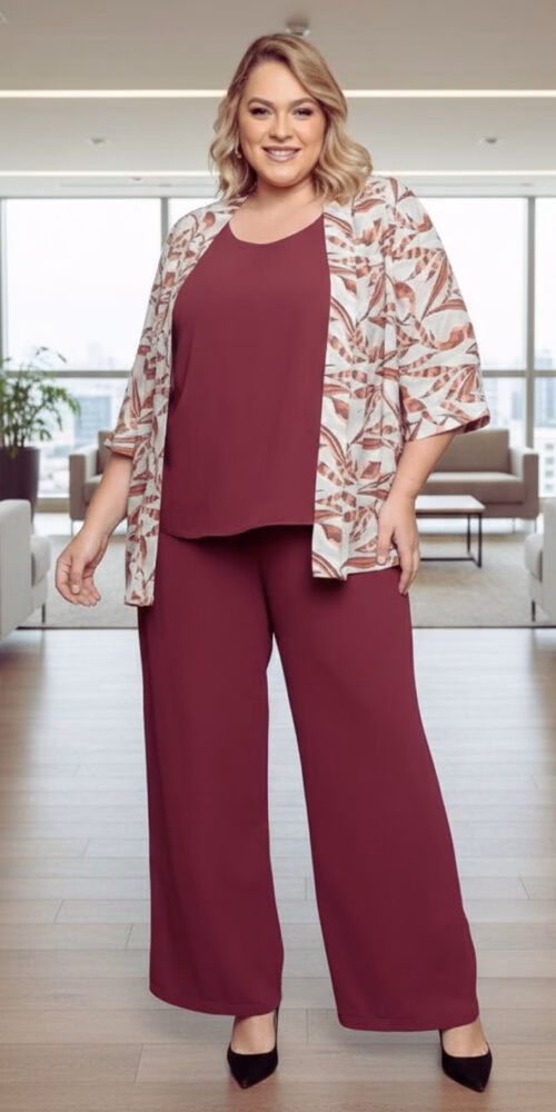 Trijunto com Cardigã Estampado Plus Size