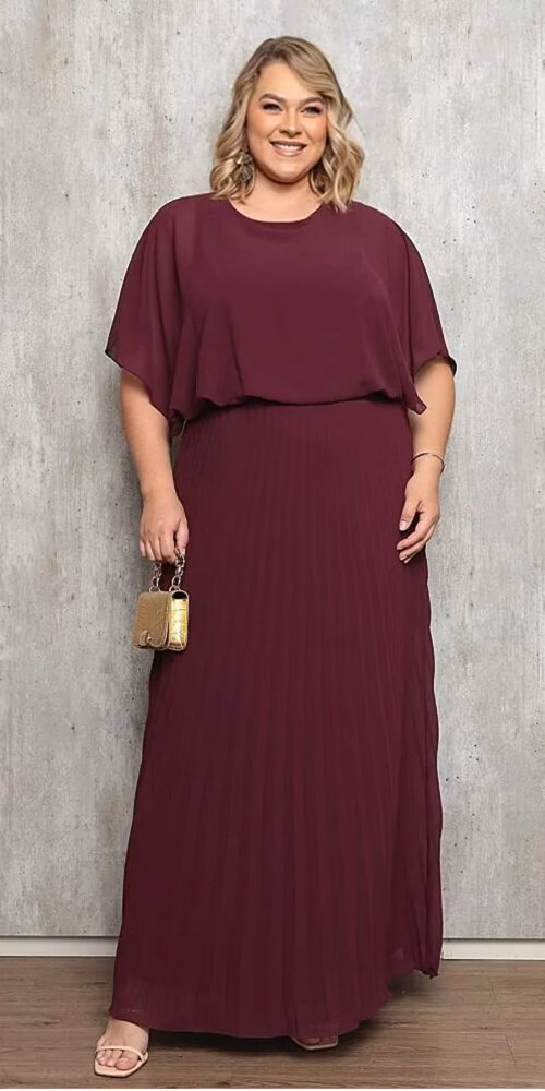 Vestido Festa Bluse com Saia Plissada Plus Size