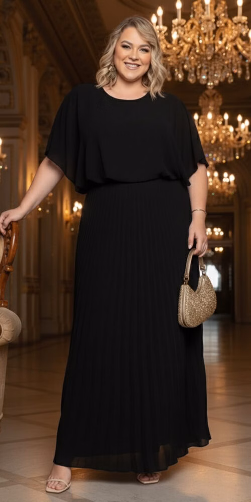 Vestido Festa Bluse com Saia Plissada Plus Size