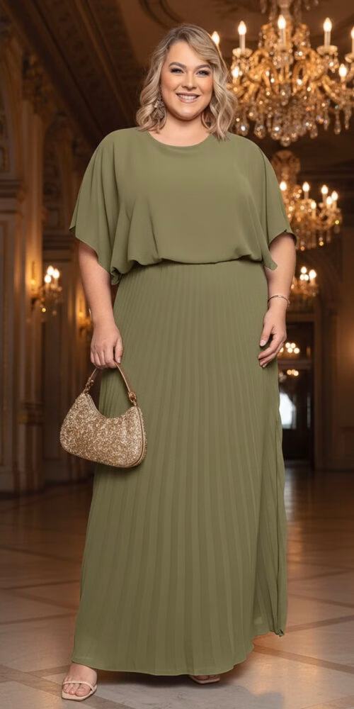 Vestido Festa Bluse com Saia Plissada Plus Size