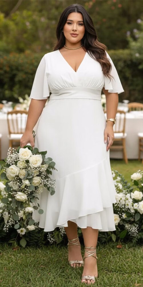 Vestido Plus Size Midi Babado Noiva