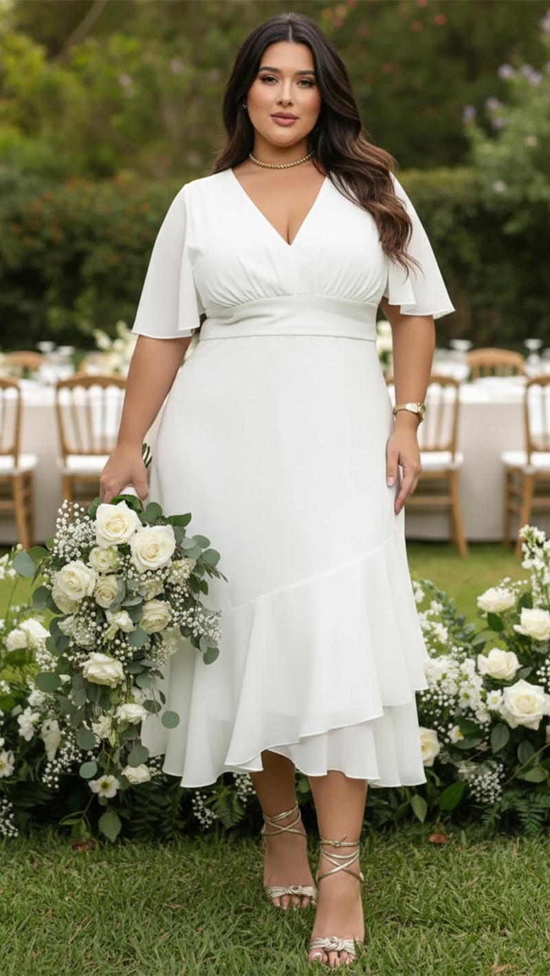 Vestido Plus Size Midi Babado Noiva