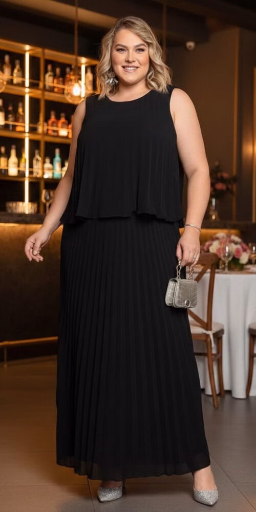 Vestido Festa Regata Plissado Plus Size