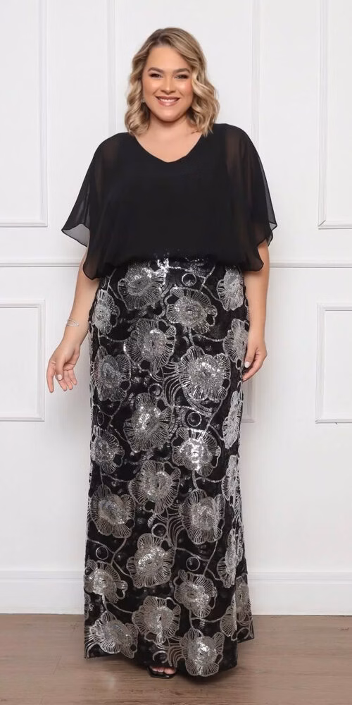 Vestido de Festa Blusê Saia Paetê Plus Size