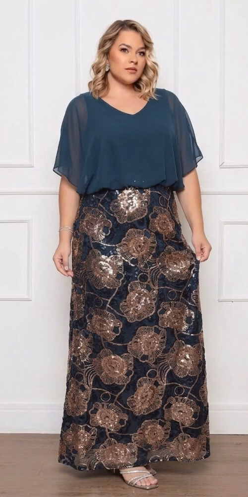 Vestido de Festa Blusê Saia Paetê Plus Size