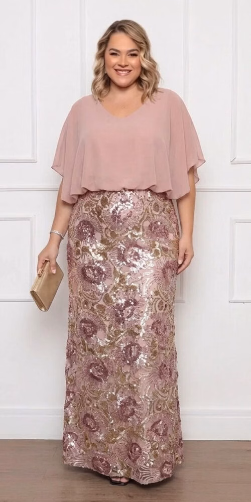 Vestido de Festa Blusê Saia Paetê Plus Size