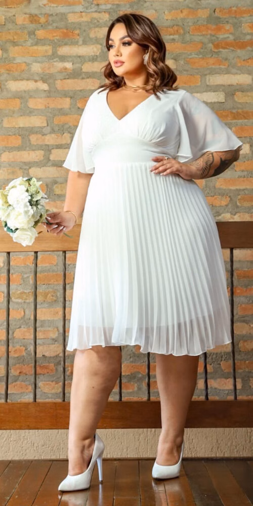 Vestido de Noiva Midi Plus Size Saia Plissada