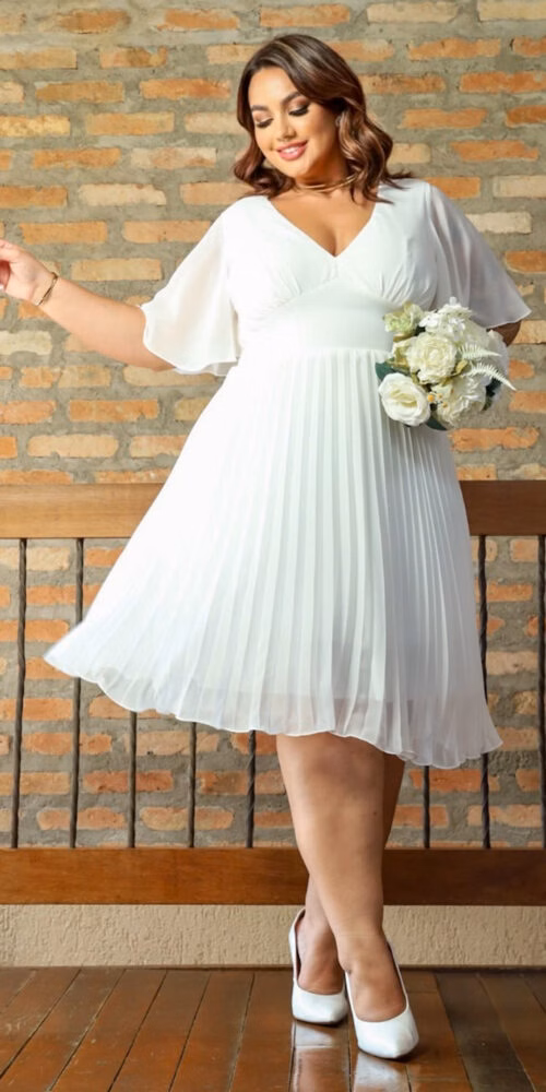 Vestido de Noiva Midi Plus Size Saia Plissada