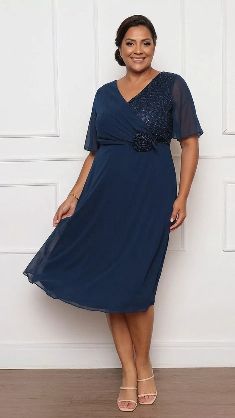 Vestido Plus Size Midi Festa Detalhe Renda e Flor