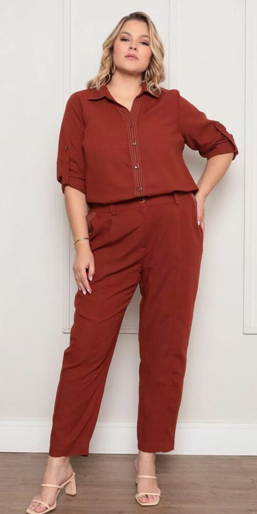 Conjunto Social Manga Longa Prespontado Plus Size