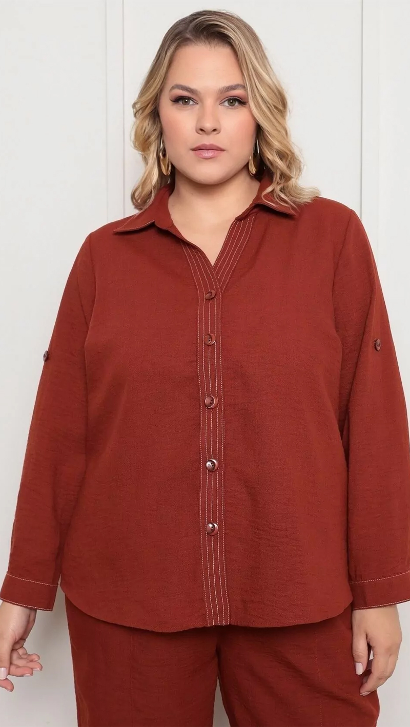 Conjunto Social Manga Longa Prespontado Plus Size