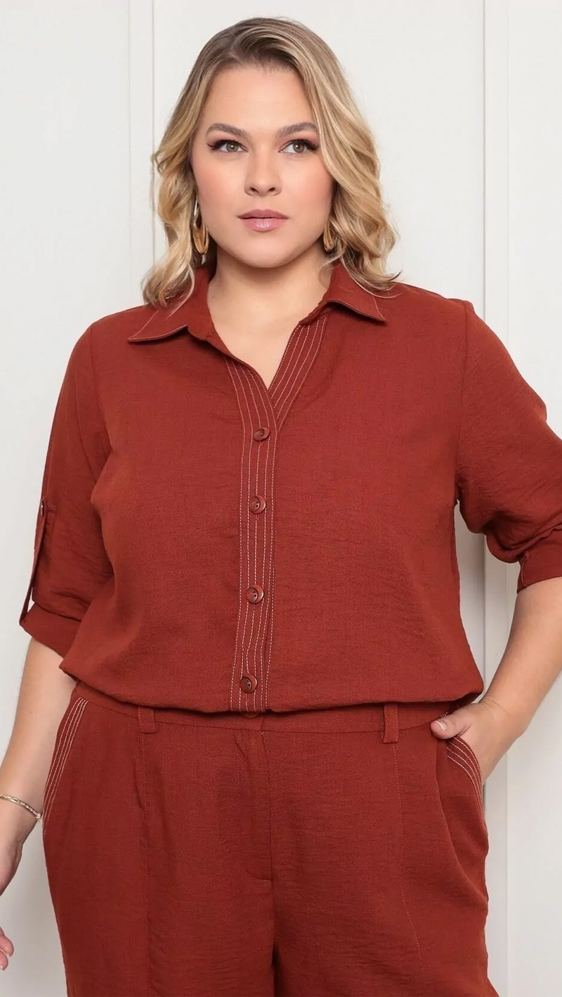 Conjunto Social Manga Longa Prespontado Plus Size