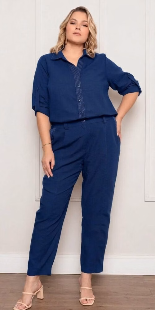 Conjunto Social Manga Longa Prespontado Plus Size