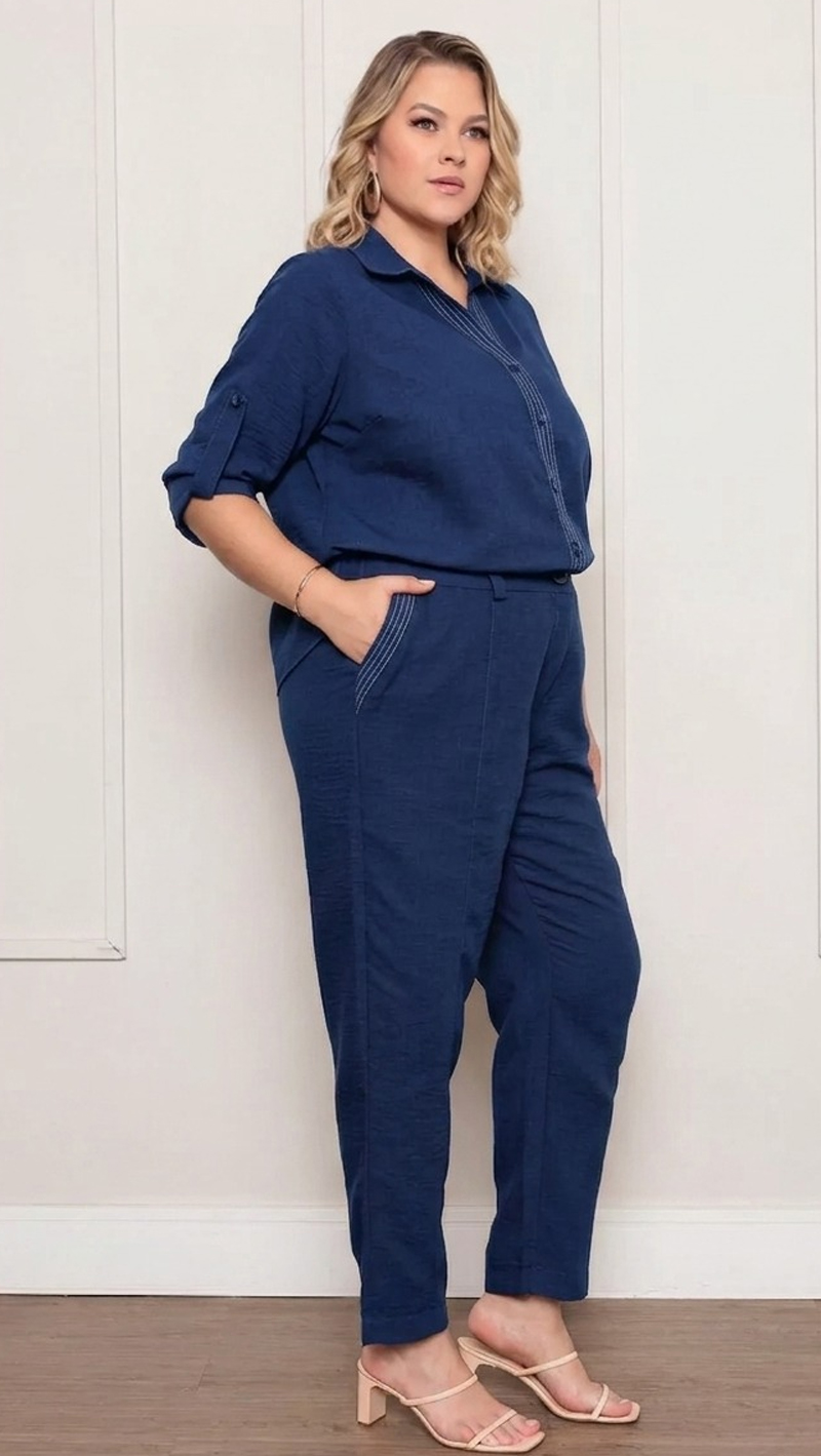 Conjunto Social Manga Longa Prespontado Plus Size