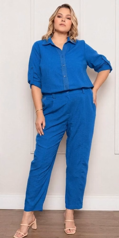 Conjunto Social Manga Longa Prespontado Plus Size