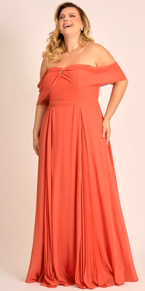 Vestido de Festa Ombro a Ombro Detalhe Plissado Plus Size