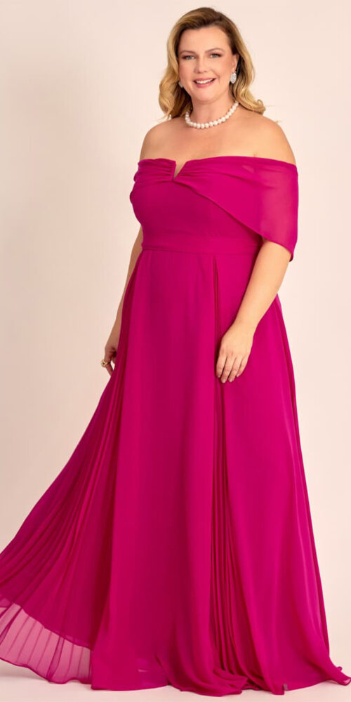Vestido de Festa Ombro a Ombro Detalhe Plissado Plus Size