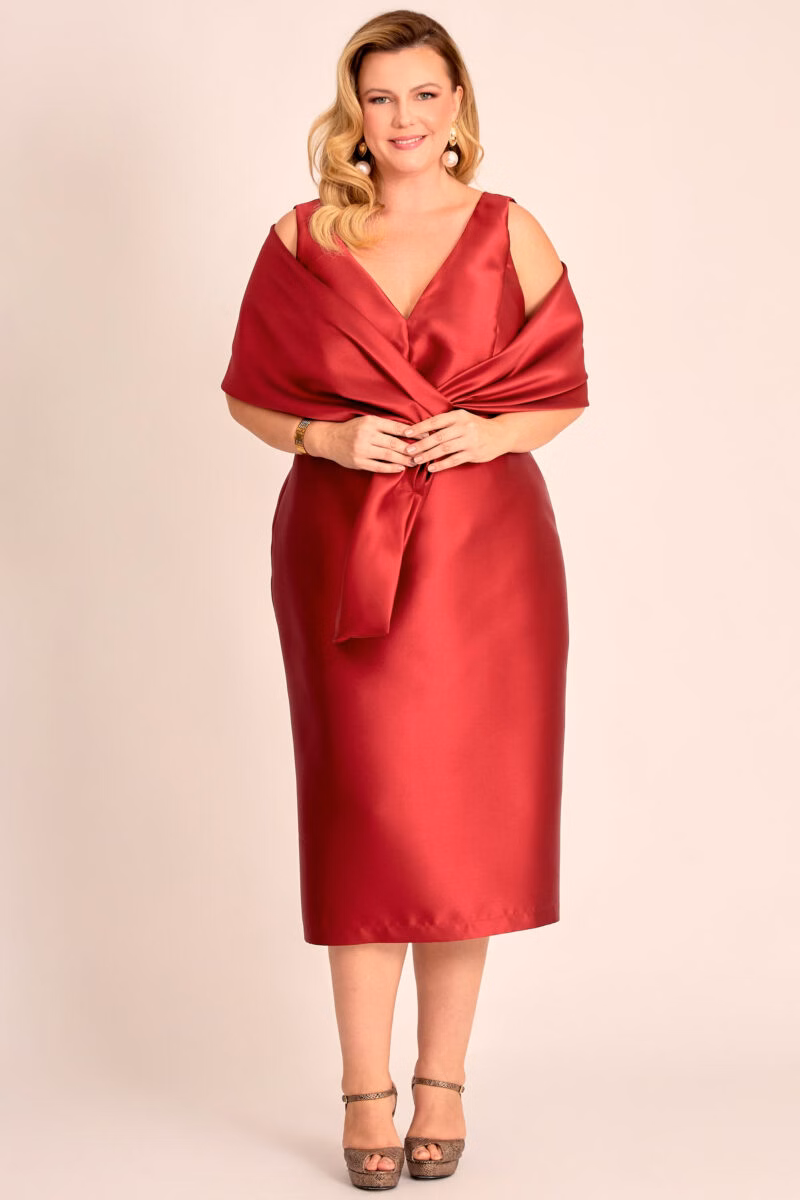 Vestido Midi Festa Zibeline com Echarpe Plus Size