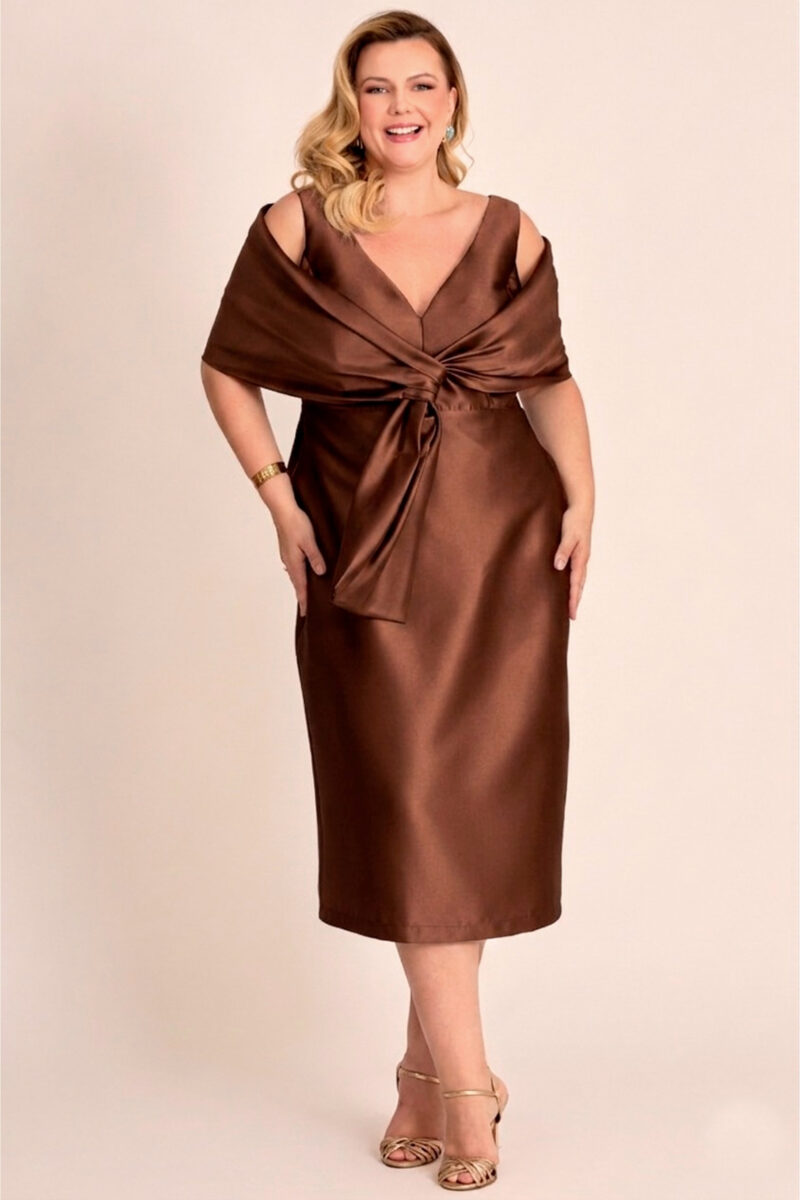 Vestido Midi Festa Zibeline com Echarpe Plus Size