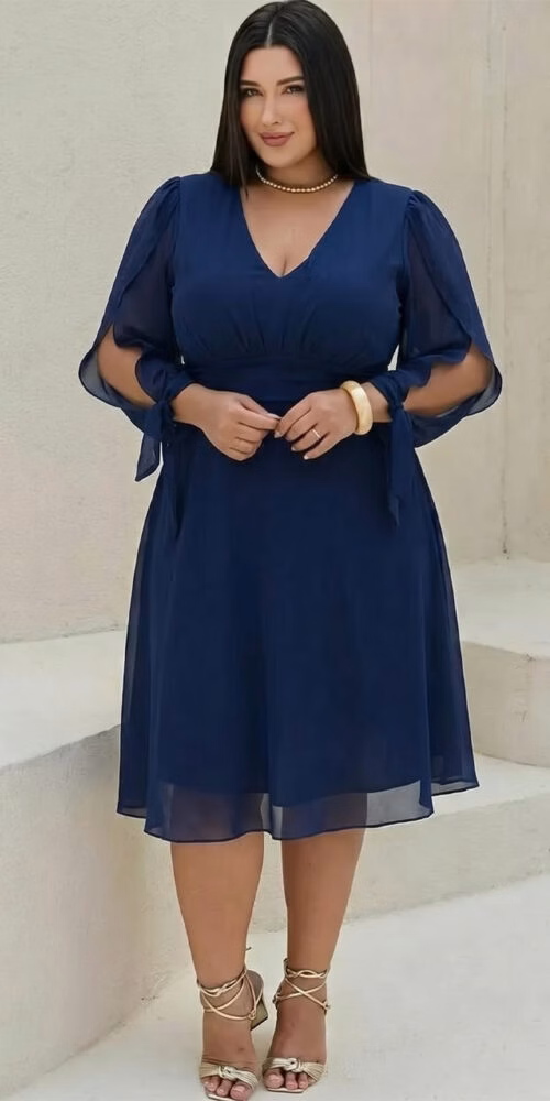 Vestido Midi Festa Manga Longa Laço