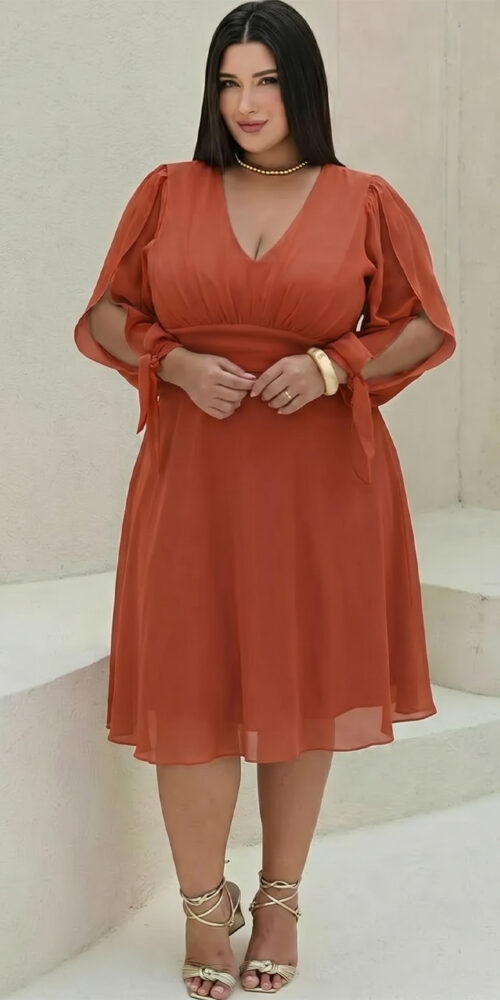 Vestido Midi Festa Manga Longa Laço