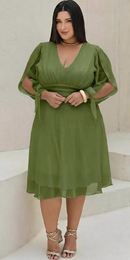 Vestido Midi Festa Manga Longa Laço