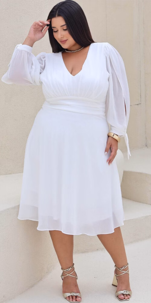Vestido Midi Noiva Manga Longa Laço